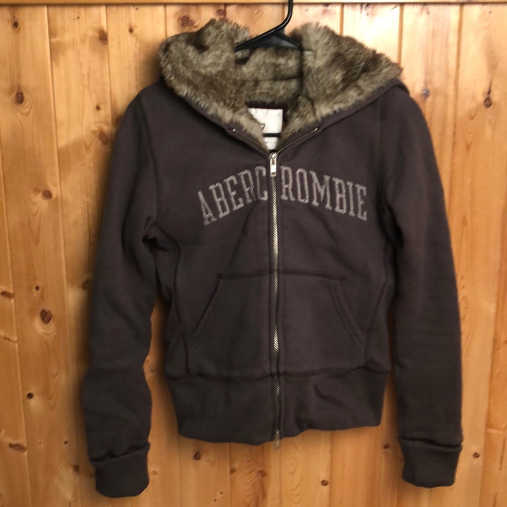 Abercrombie zip up faux-fur lined hoodie, brown